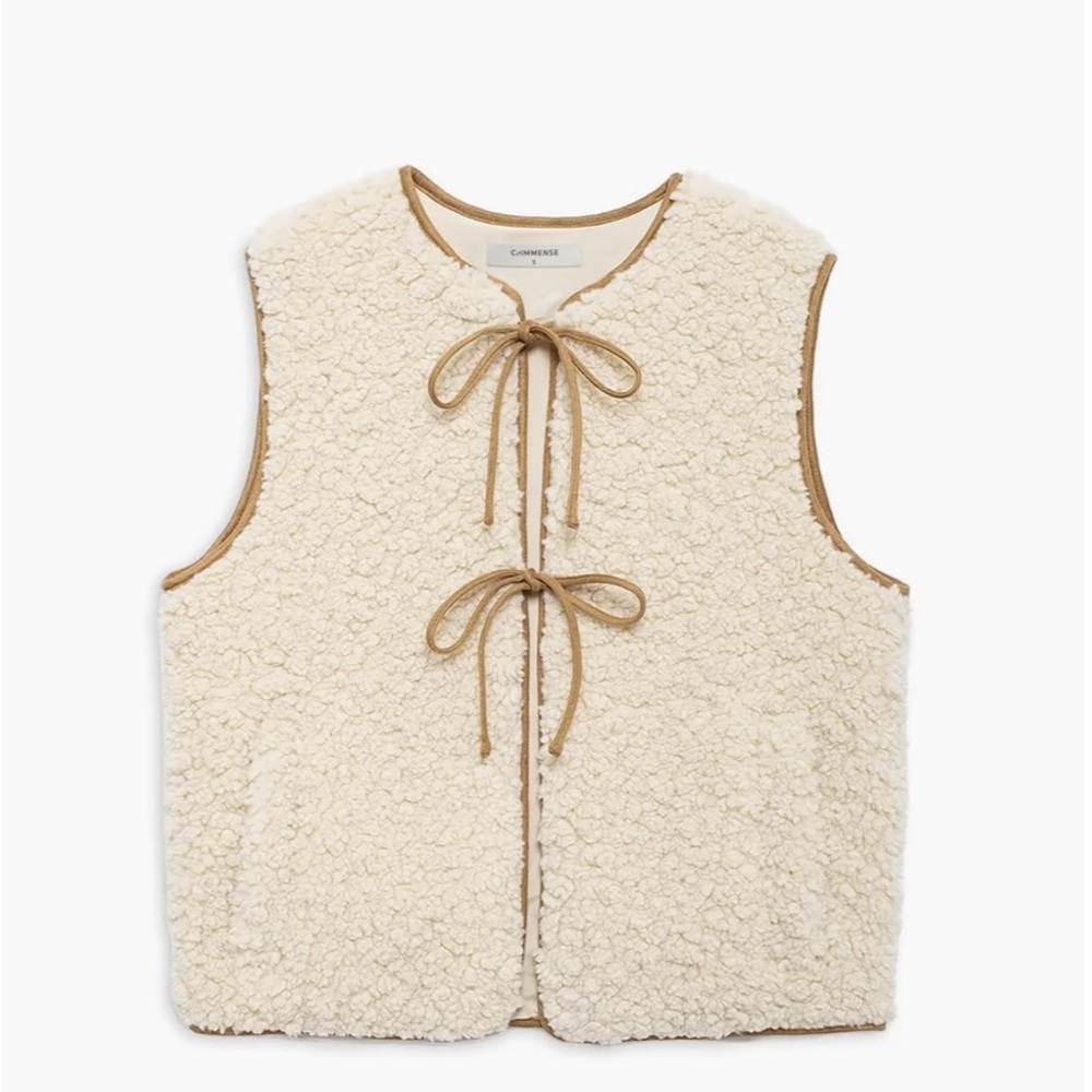 White Fleece Lace-Up Vest with Tan Trim